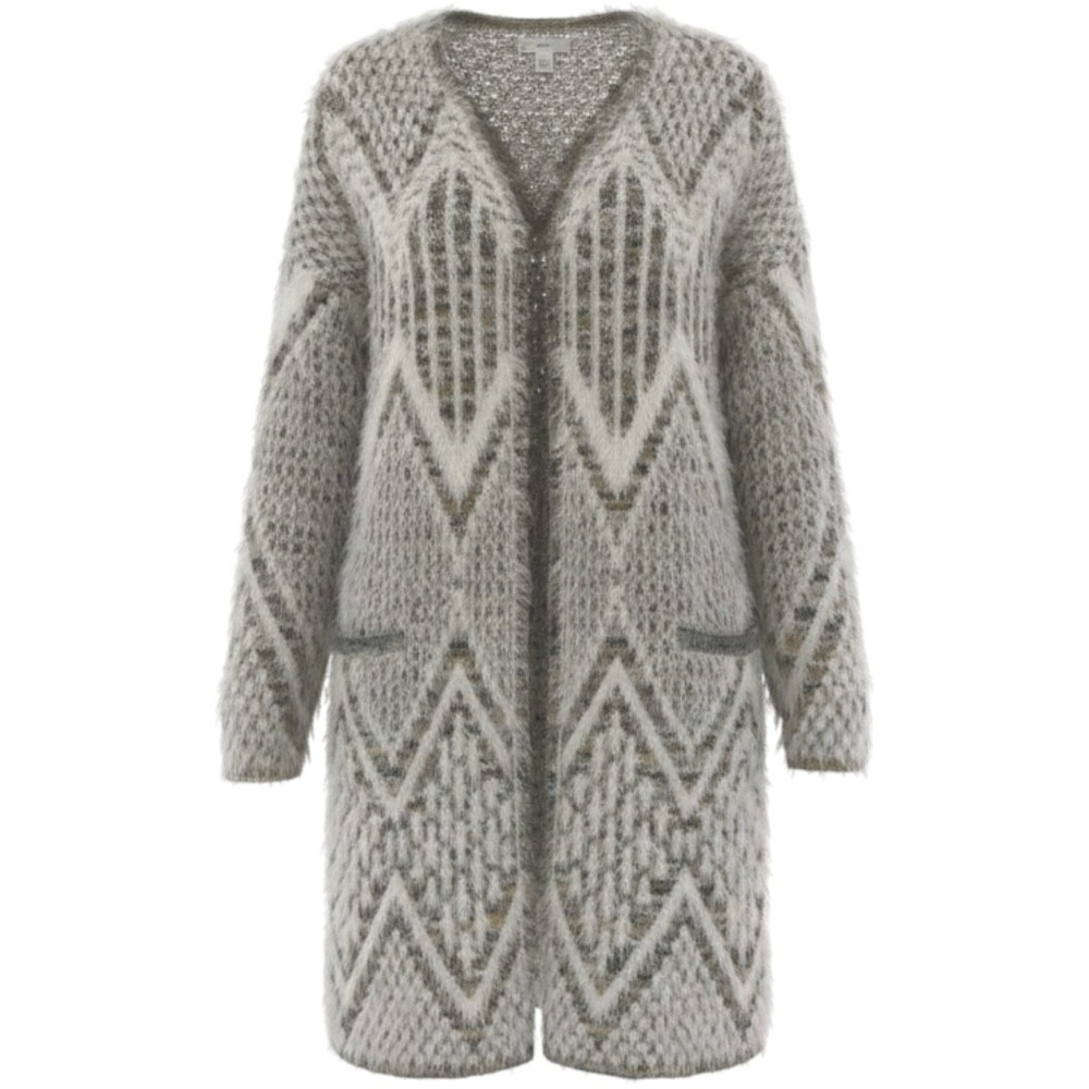 437 Boho Est. 1946 Longline Cardigan 18/20W Grey White Fuzzy Eyelash Chevron